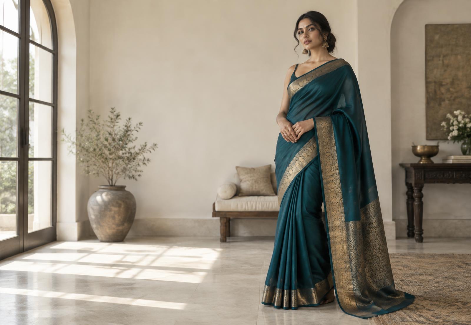 Model draped in a deep teal handloom silk saree